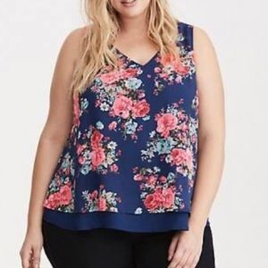 Torrid Floral Print Blue & Pink Chiffon Layered Tank Blouse Top Size 2X